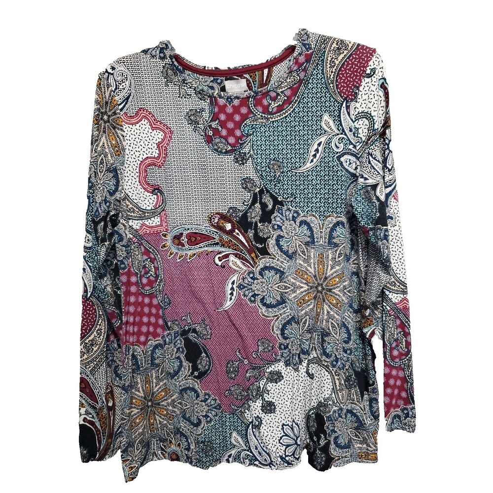 Chico's Jersey Knit Paisley Patchwork Long Sleeve Blouse Size 2 Large